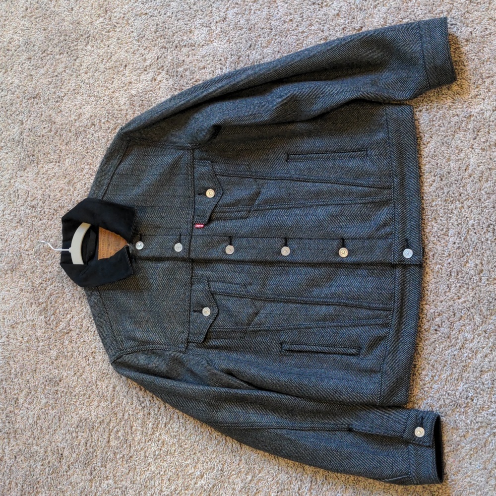 RARE Levi's Lined Vintage Fit Trucker Jacket Grey Herringbone Men's Medium EUC